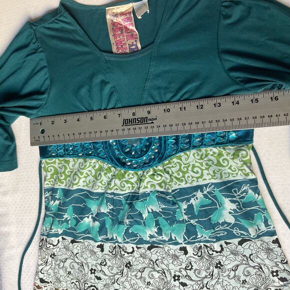 Fresh Brewed Girl 3/4 Sleeve Blouse for Girls, size L, Green Blue,Shining Stones - Picture 3 of 8
